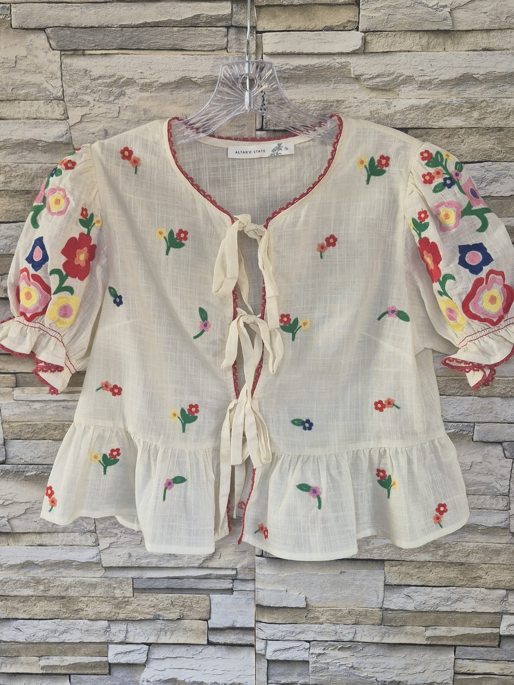 Altar'd State Top Women's S Ivory Floral Embroidered Tie-Front Peplum Coquette